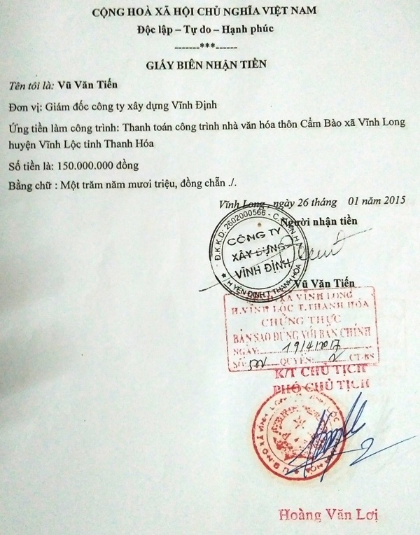 Huyện ủy viên bị đề nghị kỷ luật vì liên quan nhiều sai phạm - 2 Xã duyệt chi cho công ty xây dựng Vĩnh Định lên đến hàng trăm triệu không qua kho bạc