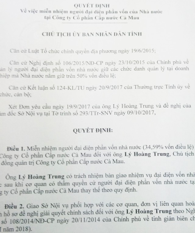 Miễn nhiệm Chủ tịch Hội đồng quản trị Công ty Cấp nước Cà Mau! - 1 Miễn nhiệm Chủ tịch Hội đồng quản trị Công ty Cấp nước Cà Mau! - 1