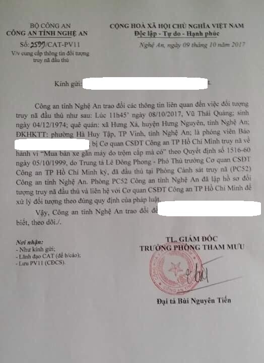 Di lý phóng viên bị truy nã 18 năm trước vào TPHCM - 1 Văn bản xác nhận của Công an tỉnh Nghệ An