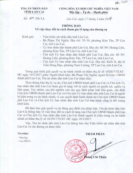 Dân khởi kiện, Toà thay đổi tư cách tố tụng của Chủ tịch TP Lào Cai và Chủ tịch tỉnh Lào Cai - 2
Dân khởi kiện, Toà thay đổi tư cách tố tụng của Chủ tịch TP Lào Cai và Chủ tịch tỉnh Lào Cai.