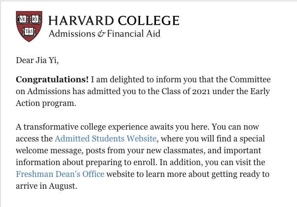 Tài không đợi tuổi, thiếu nữ xinh đẹp đỗ cả Harvard, Stanford và Cambridge - 2
Và thư chấp nhận từ ĐH Harvard (Mỹ) dành cho Jia Yi Lim.