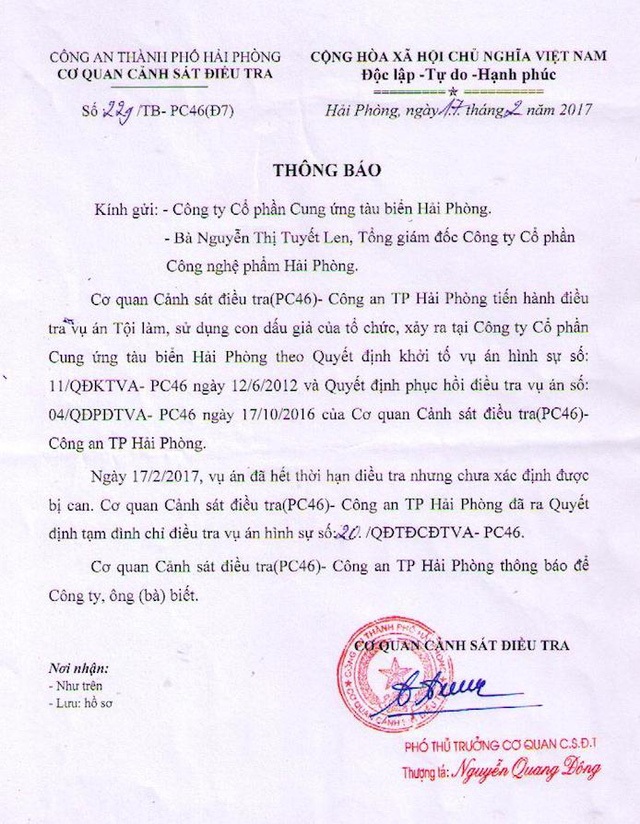 Văn phòng Chính phủ tiếp tục đề nghị giải quyết vụ làm, sử dụng con dấu giả - 2
Thông báo tạm đình chỉ điều tra vụ án do không tìm thấy bị can lần thứ hai của Công an TP Hải Phòng.