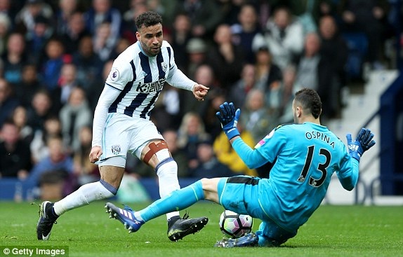West Brom 3-1 Arsenal: Trái đắng cho Wenger - 2
Robson-Kanu đối mặt với Ospina