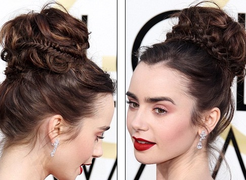 Những kiểu trang điểm - làm đẹp ấn tượng nhất trên thảm đỏ Quả Cầu Vàng - 9
Lily Collins có mái tóc búi cao cầu kỳ lạ mắt