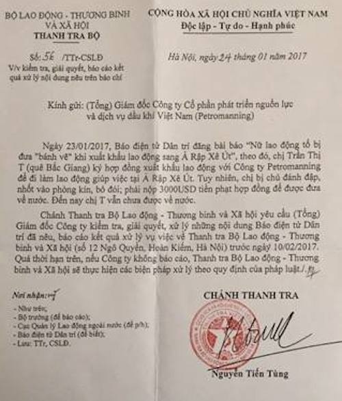 Vụ lao động nữ kêu cứu từ Ả Rập Xê Út: Sẽ đối chất giữa người lao động với công ty? - 3
Bộ LĐTB&XH vào cuộc vụ nữ lao động khẩn thiết kêu cứu tại Ả Rập Xê Út.