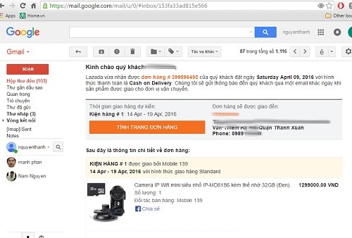 Lazada đang làm mất lòng tin từ người dùng Việt Nam như thế nào? - 1 Email xác nhận đơn hàng giữa anh S với công ty Lazada Việt Nam.
