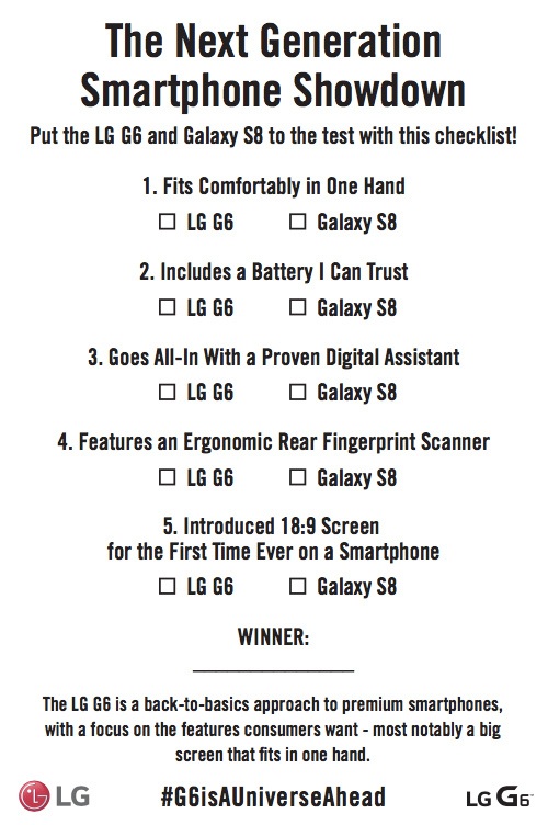 Galaxy S8 ra mắt, LG "nhắc khéo" người dùng về điểm yếu chết người trên Note7 - 3 Tài liệu được LG gửi tới các phương tiện truyền thông nhằm so sánh LG G6 và dòng Galaxy S8 mới ra mắt của Samsung