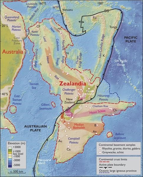 
New Zealand nằm trên một lục địa chưa từng biết đến, phần lớn lục địa này chìm dưới Nam Thái Bình Dương.
