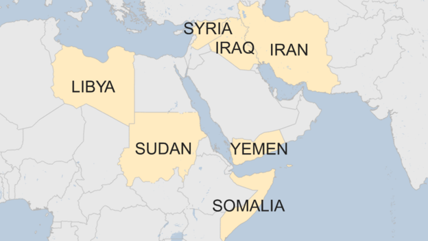 Sắc lệnh di trú gây sốc của Tổng thống Trump: Những câu hỏi nhức nhối - 2
Iran, Iraq, Libya, Somalia, Sudan, Syria và Yemen bị nêu tên trong sắc lệnh di trú của ông Trump (Đồ họa: BBC)