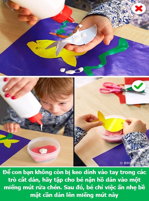 Bố mẹ muốn chăm con thật khéo thì cần "đút túi" những mẹo này - 1 Để bé không bị dính keo vào tay khi cắt dán