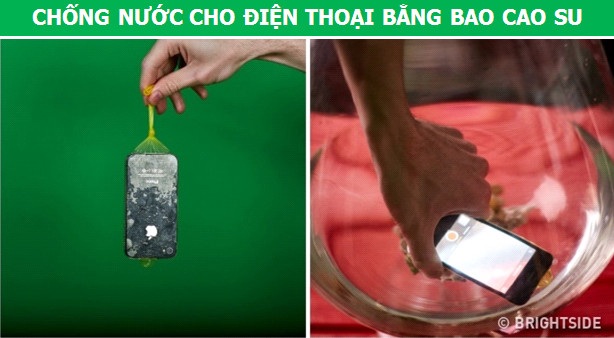 Bạn hoàn toàn có thể chụp ảnh dưới nước, mặc dù điện thoại của mình không hề tích hợp khả năng này nhờ vào một… chiếc bao cao su. Thao tác thực hiện rất đơn giản, chỉ cần cho thiết bị vào bên trong bao cao su rồi cột chặt đầu lại. Đảm bảo, chiếc áo mưa này sẽ giúp điện thoại chống nước tuyệt đối, để bạn có thể thỏa sức chụp ảnh dưới nước. Tuy nhiên cần lưu ý rằng, màn hình cảm ứng nhiều lúc sẽ không hoạt động khi bị phủ bởi lớp màng cao su. Vì vậy, hãy cài đặt sẵn khả năng chụp ảnh bằng phím cứng cho thiết bị.