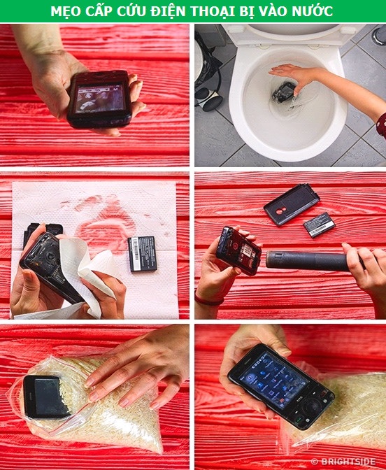 Khi điện thoại bị “đuối nước”, hãy nhanh chóng tắt nguồn và tháo tung nó ra, đặc biệt là phần pin. Tiếp theo, dùng một chiếc khăn lau khô nước bám trên bề mặt thiết bị. Nếu có thể, hãy dùng máy sấy để sấy khô từng bộ phận của máy ở mức nhiệt thấp nhất. Cuối cùng, vùi điện thoại vào trong hũ gạo qua đêm, để các hơi ẩm còn len lỏi có thể bị hút sạch.