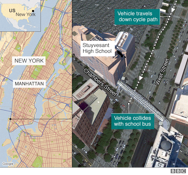 Hiện trường vụ tấn công khủng bố bằng xe tải tại New York - 11 Bản đồ khu vực nơi xảy ra vụ tấn công bằng xe tải ở New York (Ảnh: BBC)
