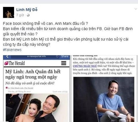 Bị lợi dụng quảng cáo thuốc, vợ chồng diva Mỹ Linh nhờ pháp luật can thiệp - 1 Dòng trạng thái đầy bức xúc của diva Mỹ Linh trên Facebook.