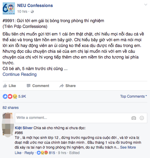 Chia sẻ xúc động của dân mạng với nữ sinh bị bỏng trường Phan Đình Phùng - 2 Bài viết này được đăng tải lên fanpage NEU Confession