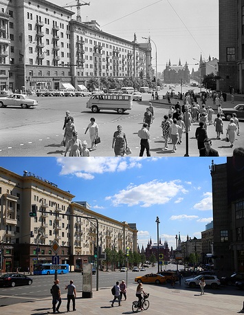 Vẻ đẹp từ quá khứ tới hiện tại của “trái tim” nước Nga - 10 Đường Gorky năm 1966 (trên) và đường Tverskaya năm 2017.
