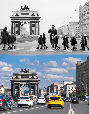 Vẻ đẹp từ quá khứ tới hiện tại của “trái tim” nước Nga - 11 Đại lộ Kutuzovsky năm 1968 (trên) và năm 2017.