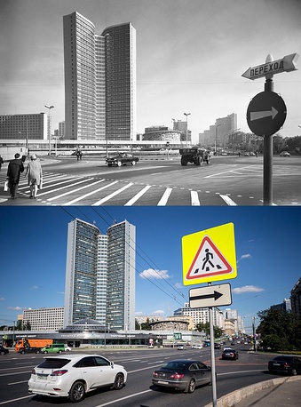 Vẻ đẹp từ quá khứ tới hiện tại của “trái tim” nước Nga - 3 Tòa nhà SEV trên Đại lộ Kalinin năm 1968 (trên) và các văn phòng của Chính phủ Nga ở đường Novy Arbat năm 2017.