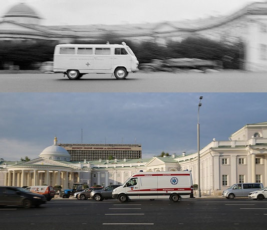 Vẻ đẹp từ quá khứ tới hiện tại của “trái tim” nước Nga - 8 Xe cấp cứu trên đường phố Nga năm 1970 (trên) và năm 2017.