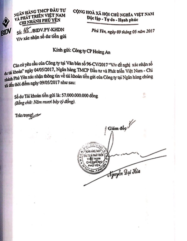 Vụ hủy thầu “khó hiểu”: Bên mời thầu lí giải những lý do vì sao đánh trượt nhà thầu! - 5 Giấy xác nhận số dư tài khoản của BIDV Phú Yên.