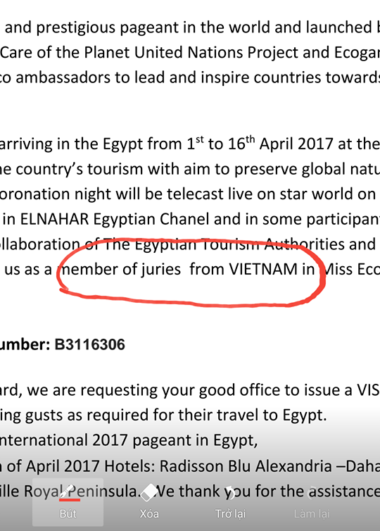 Ngọc Tình được mời sang Ai Cập làm giám khảo Miss Eco International - 1 Thư mời gửi trực tiếp Ngọc Tình từ Ban tổ chức Miss Eco International.