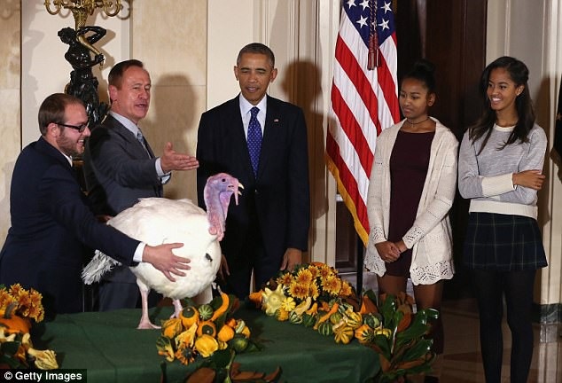 Hai "vị khách" đặc biệt của Nhà Trắng nhân dịp lễ Tạ ơn - 2 Cựu Tổng thống Mỹ Barack Obama cùng 2 cô con gái đứng bên chú gà tây được tha bổng. (Ảnh: Getty)