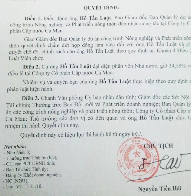 Chính thức miễn nhiệm Chủ tịch Hội đồng quản trị Công ty Cấp nước Cà Mau - 2 Sau khi miễn nhiệm người đại diện phần vốn Nhà nước đối với ông Lý Hoàng Trung, Chủ tịch tỉnh Cà Mau đã điều động ông Hồ Tấn Luật thay ông Trung.