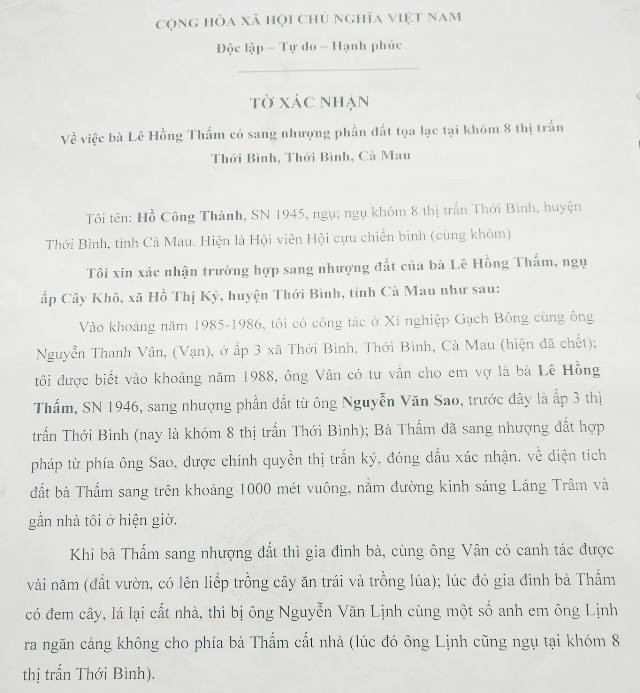 Cà Mau: Nhiều chứng cứ tòa không xem xét, đã bác yêu cầu của nguyên đơn! - 10 Ông Hồ Công Thành xác nhận bà Thấm có sang nhượng trên 1.000 m2 đất từ gia đình ông Sao. Đất sang nhượng hợp pháp, được chính quyền địa phương ký, đóng dấu xác nhận.