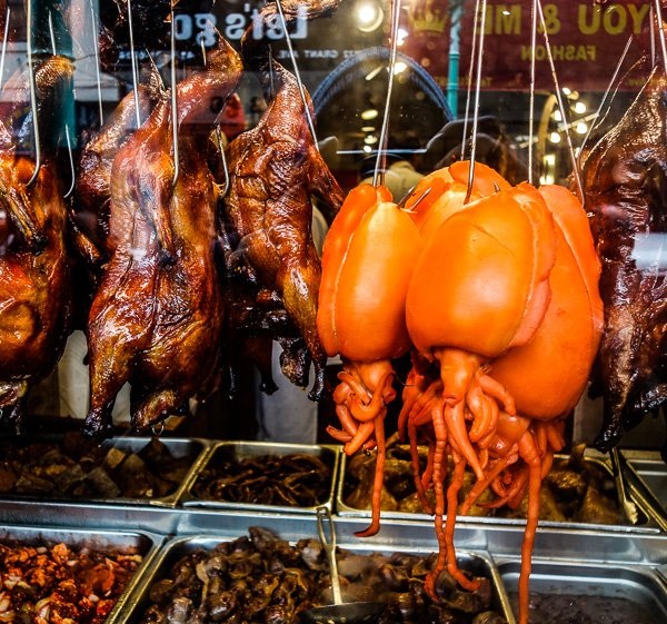 Mực khổng lồ to như con ngỗng hút khách ở Hong Kong như thế nào? - 2 Mực nang khổng lồ được treo cùng thịt quay