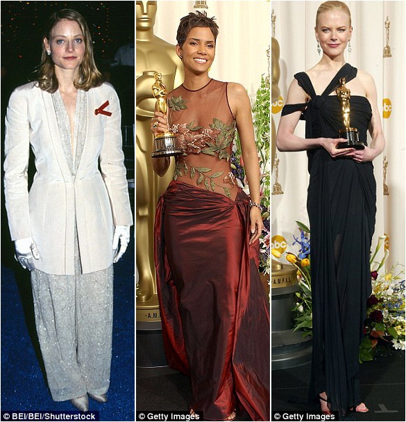 Đã tìm ra chiếc váy hoàn hảo nhất trên thảm đỏ - 8 Độc đáo riêng có: Jodie Foster (trái) nằm trong số 3% nữ diễn viên thắng giải Oscar từng diện vest lên nhận tượng vàng; Halle Berry (giữa) và Nicole Kidman (phải) lựa chọn những thiết kế có dáng cổ khá lạ.