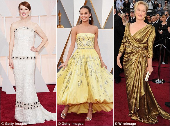 Đã tìm ra chiếc váy hoàn hảo nhất trên thảm đỏ - 9 Julianne Moore (trái) và Alicia Vikander (giữa) mặc váy khoe vai trần; Meryl Streep (phải) lựa chọn màu vàng lấp lánh.
