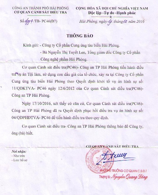 Công dân đề nghị tiếp tục truy tìm và khởi tố bị can trong vụ án “Làm, sử dụng con dấu giả của tổ chức” - 3
Trước đó, Công an TP Hải Phòng quyết định phục hồi điều tra vụ án Làm, sử dụng con dấu giả của tổ chức ngay sau Công văn của Văn phòng Chính phủ.