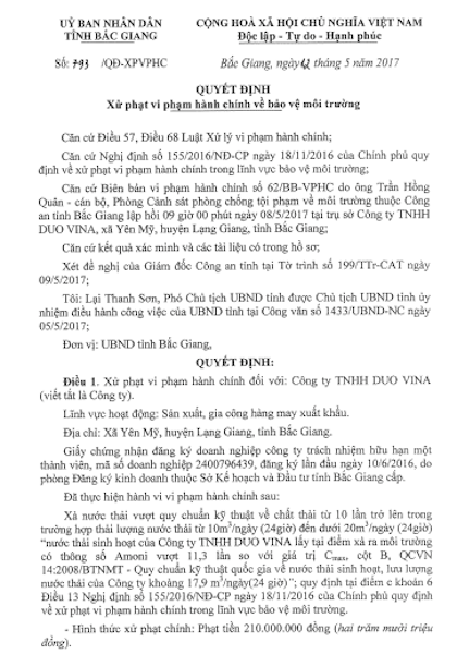 Bắc Giang: Thêm một công ty may “bức tử” môi trường nhận án phạt - 1 Bắc Giang: Thêm một công ty may “bức tử” môi trường nhận án phạt - 1