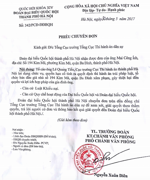 Vụ 194 Kim Mã: Đoàn ĐBQH đề nghị làm rõ tố cáo Cục trưởng Cục thi hành án TP Hà Nội! - 1
Đoàn ĐBQH TP Hà Nội đề nghị làm rõ tố cáo Cục trưởng Cục thi hành án TP Hà Nội.