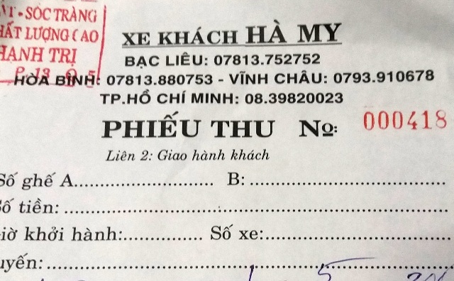 Tại sao Xe khách Hà My được “tự tung tự tác” ở Sóc Trăng? - 2 Vé xe chỉ là phiếu thu của xe khách Hà My. Điều đáng nói trên phiếu này không có nhiều thông tin cụ thể.