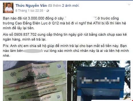 Nhờ Facebook tìm được tiền đánh rơi ở trụ ATM - 1 Anh Thức chia sẻ thông tin trên facebook hi vọng chủ nhân số tiền biết và liên hệ nhận lại.