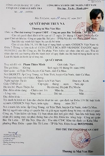 Giả gái lên mạng chơi game online để lừa tiền trai - 1 Quyết định truy nã Phạm Thiện Minh.