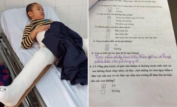 Cháu Kiên những ngày điều trị tại bệnh viện cùng với phiếu khảo sát của nhà trường về sự việc (ảnh: Mỹ Hà)