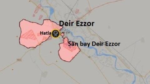 Nhờ vụ ném bom nhầm của Mỹ, IS đã có điều kiện thuận lợi cắt đôi thành phố Deir Ezzor (điểm đen là vị trí làng Hatla - nơi Mỹ ném bom trúng kho vũ khí hóa học IS)