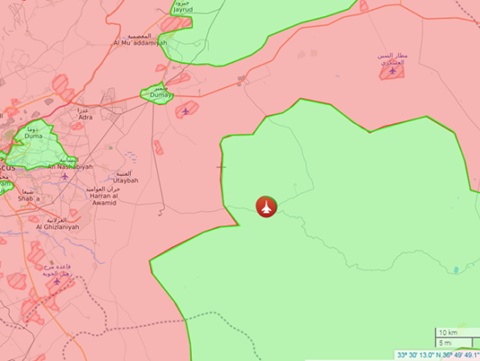Phiến quân khẳng định bắn hạ chiến đấu cơ Syria ở Damascus - 1 Vị trí chiếc máy bay chiến đấu của không quân Syria bị rơi ở sa mạc Damascus