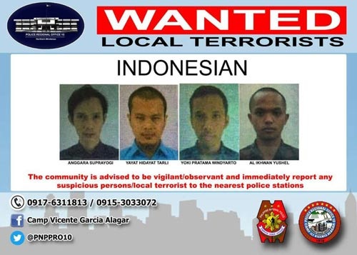 Jakarta lại dậy sóng khủng bố - 1 Cảnh sát Philippines phát lệnh truy nã 4 nghi phạm Indonesia tham gia trận chiến Marawi ở Philippines. Ảnh: INP