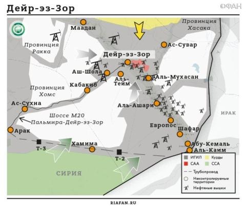 Trận chiến Deir Ezzor: Syria nguy ngập, Mỹ đoạt mỏ dầu? - 1 Sơ đồ phân bố các lực lượng tiến về khu vực Deir ez-Zor và lực lượng khủng bố IS ở khu vực này. (Ảnh:riafan.ru)