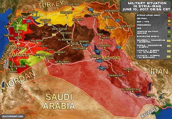 Al Bawdah, bước ngoặt quyết định trong chiến dịch Deir Ezzor - 1 Trên bản đồ, vùng đệm của liên minh Mỹ chỉ còn lại một dải ngắn tại ngã 3 biên giới Syria-Jordan-Iraq. Vùng màu đỏ là của quân chính phủ kiểm soát và như vậy Al-Tanf là “thủ phủ” còn lại của lực lượng FSA đang án ngữ cao tốc Damascus-Baghdad.