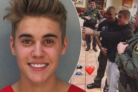 Justin Bieber vui vẻ chụp hình cùng cảnh sát