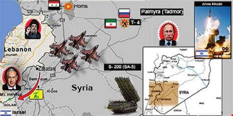 Israel: Đối trọng mới của Nga ở Syria - 2 Bản đồ mô phỏng cuộc không kích của các chiến đấu cơ Israel nhằm vào căn cứ T4, TP Palmyra, Syria hôm 17-3. Ảnh: DEBKAfile