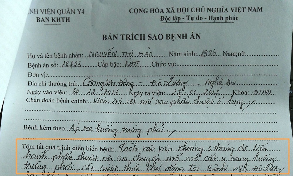 Mổ u nang buồng trứng, cắt nhầm ruột thừa - 2 Trích sao bệnh án tại BV Quân y 4