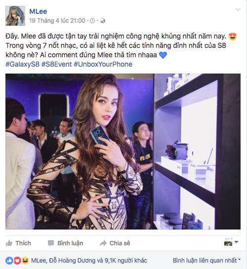 Bộ bodysuits với thiết kế xuyên thấu của Mlee như tăng thêm phần cá tính khi sóng đôi cùng Galaxy S8. Người hâm mộ dễ dàng tìm thấy sự đồng điệu giữa thiết kế kim loại và kính sang trọng trên siêu phẩm này với âm hưởng tương lai trong trang phục của Mlee. Không những thế, Galaxy S8 còn ghi điểm mạnh mẽ nhờ màn hình cong tràn vô cực đầu tiên trên thế giới, rất phù hợp để tôn vinh các trang phục phá cách, dẫn đầu xu hướng.