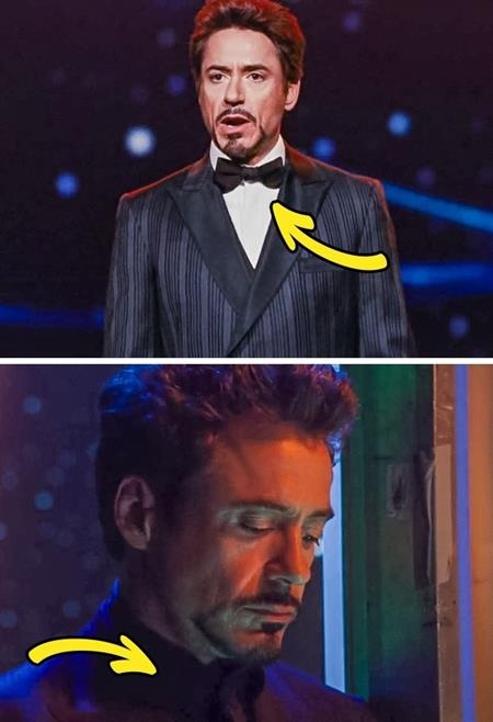 “Soi” lỗi hài hước trong các bom tấn Hollywood - 1 Trong một cảnh phim “Iron man 2”, Tony Stark ban đầu diện một chiếc sơmi trắng và rồi màu áo của chàng tỉ phú trong tích tắc đã được hô biến thành đen