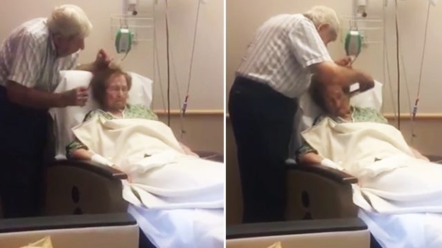 Người chồng chải tóc cho vợ trong bệnh viện