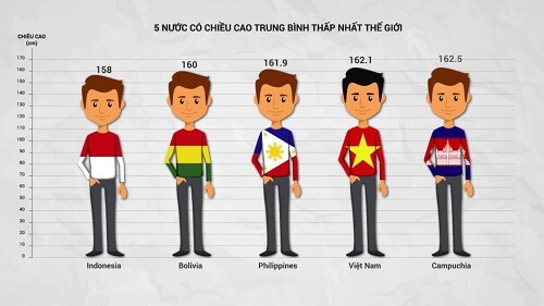 Chiều cao người Việt xếp thứ 4 từ dưới lên trên bản đồ thế giới